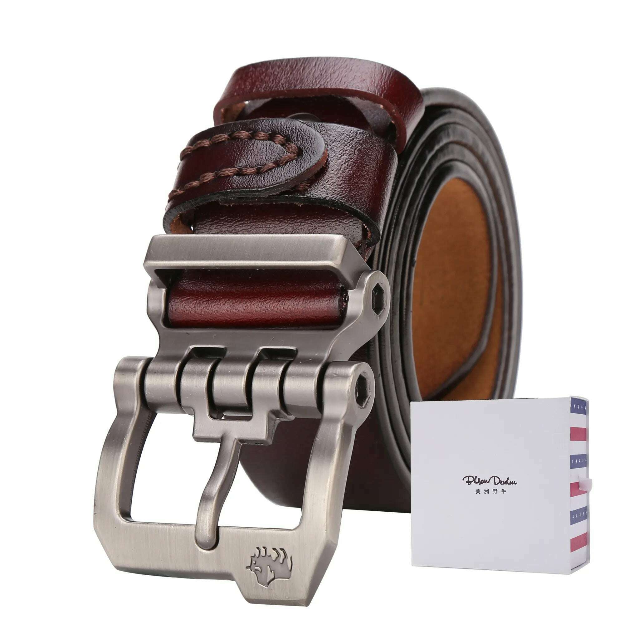 KIMLUD, BISON DENIM Genuine Leather Men Belt Cowskin High Quality Personality Buckle Vintage Business Male Waist Straps For Jeans, KIMLUD Women's Clothes