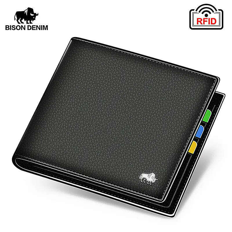 BISON DENIM Genuine Leather Men Wallets Brand Luxury RFID Bifold Wallet Zipper Coin Purse Business Card Holder Wallet N4470 - KIMLUD