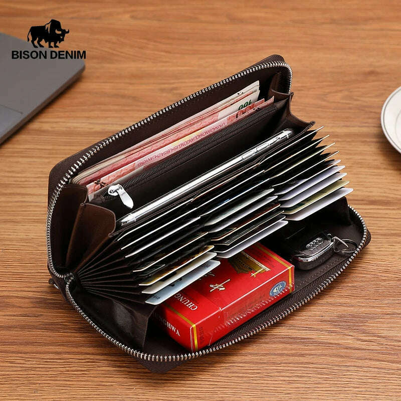 KIMLUD, BISON DENIM Genuine leather Wallet Men Zipper Coin Pocket Long Purse Male Passport Cover RFID Blocking Card Holder Wallet, KIMLUD Womens Clothes