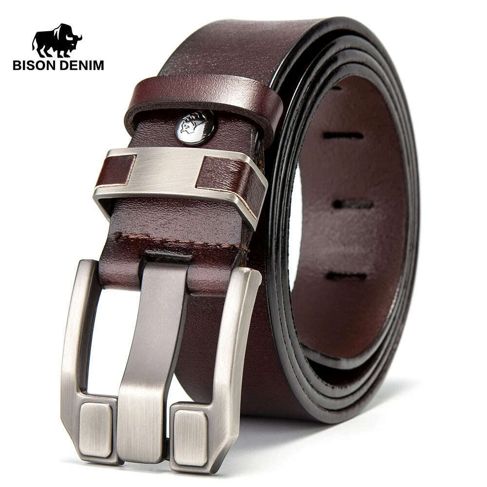 BISON DENIM Men Belt High Quality Genuine Leather Belts For Men Luxury Brand Vintage Pin Buckle Strap For Jeans Free Shipping - KIMLUD