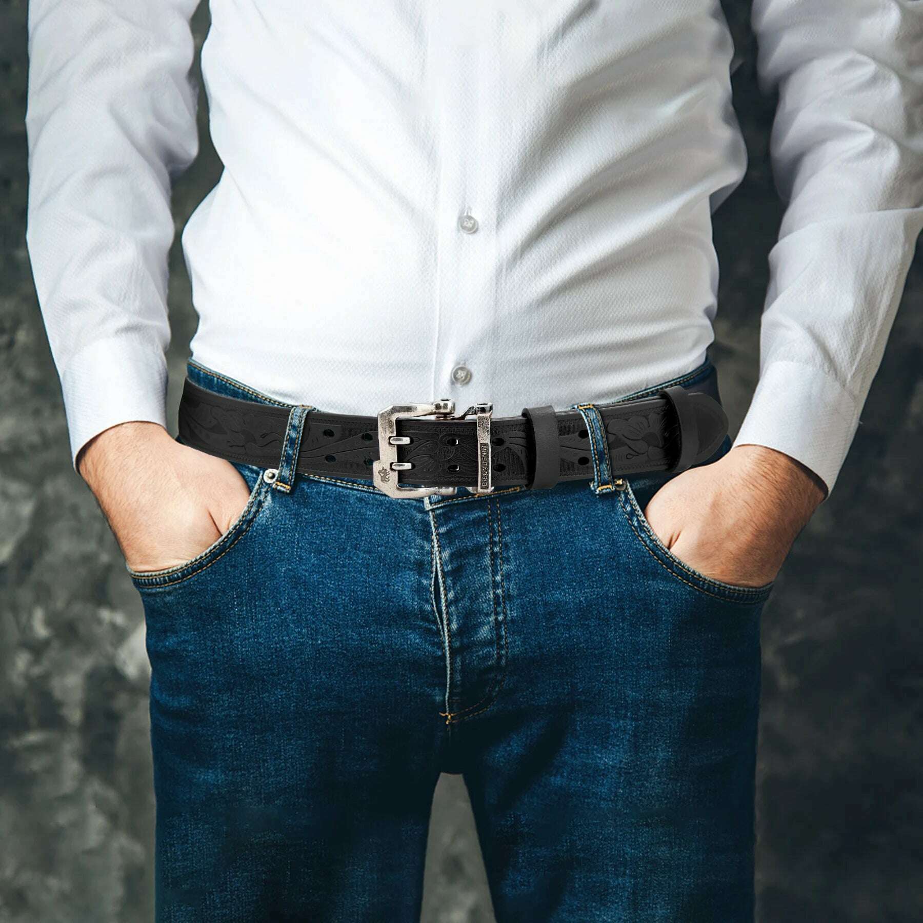 KIMLUD, BISON DENIM Men Belts Cow Split Genuine Leather Pin Buckle Business Waist Straps Retro Pin Buckle Fancy Male Belt For Jeans, KIMLUD Women's Clothes