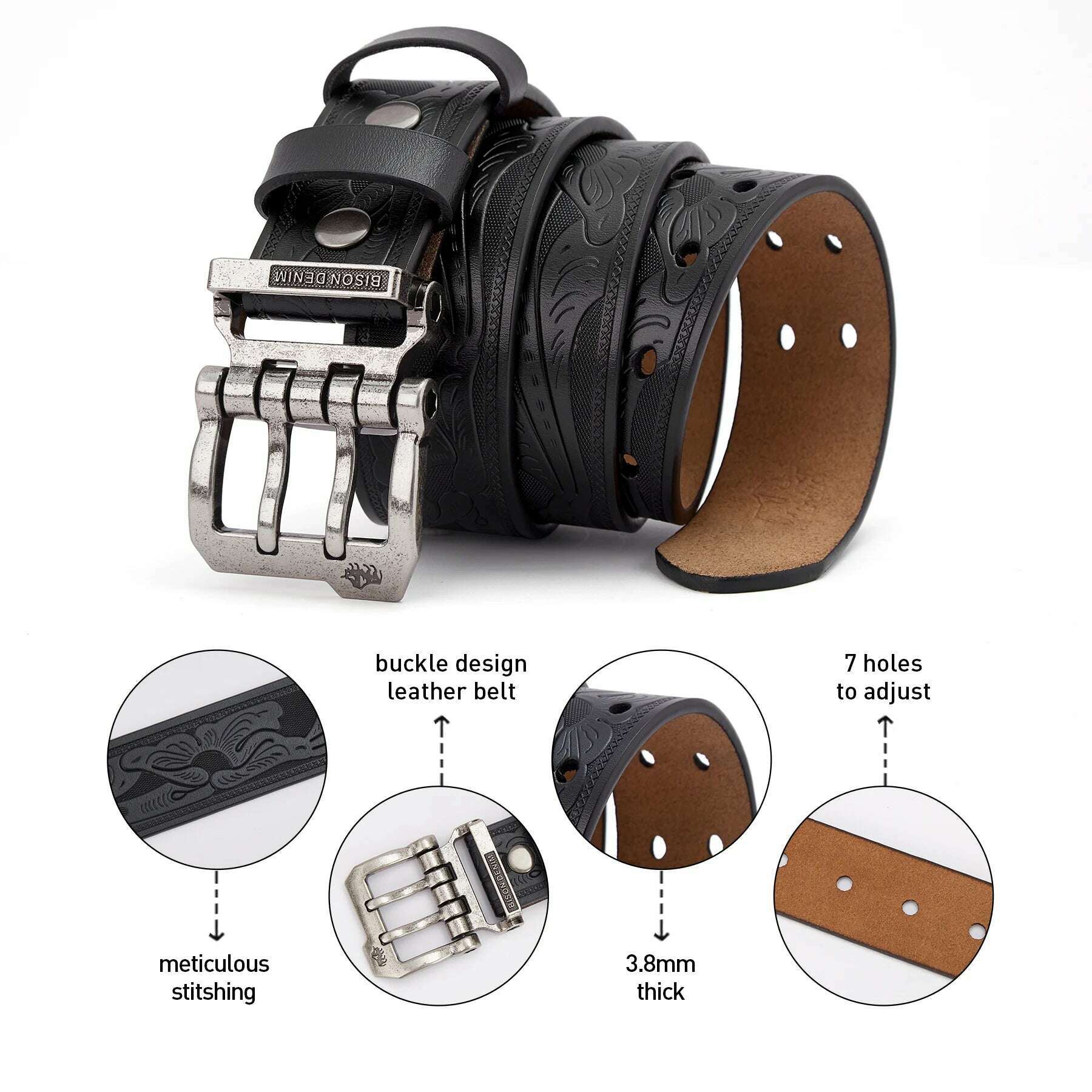 KIMLUD, BISON DENIM Men Belts Cow Split Genuine Leather Pin Buckle Business Waist Straps Retro Pin Buckle Fancy Male Belt For Jeans, KIMLUD Women's Clothes