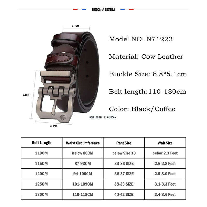 BISON DENIM Men Belts Vintage Pin Buckle Belt Casual Genuine Leather High Quality Belts For Men Business Leather Strap for Jeans - KIMLUD