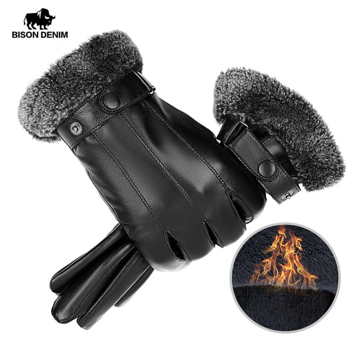 KIMLUD, BISON DENIM Winter Men's Gloves Sheepskin Genuine Leather Mittens Touch Screen Motorcycle Driving Riding Gloves For Men Women, black / M, KIMLUD Womens Clothes