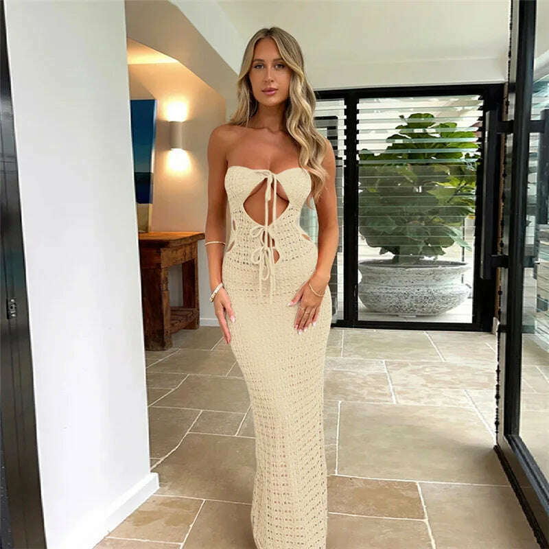 KIMLUD, BKLD 2024 Summer Clothes For Women New Sexy Lace-Up Hollow Out Knitted Dress Off The Shoulder Strapless Tube Dress Solid Color, apricot / M, KIMLUD APPAREL - Womens Clothes