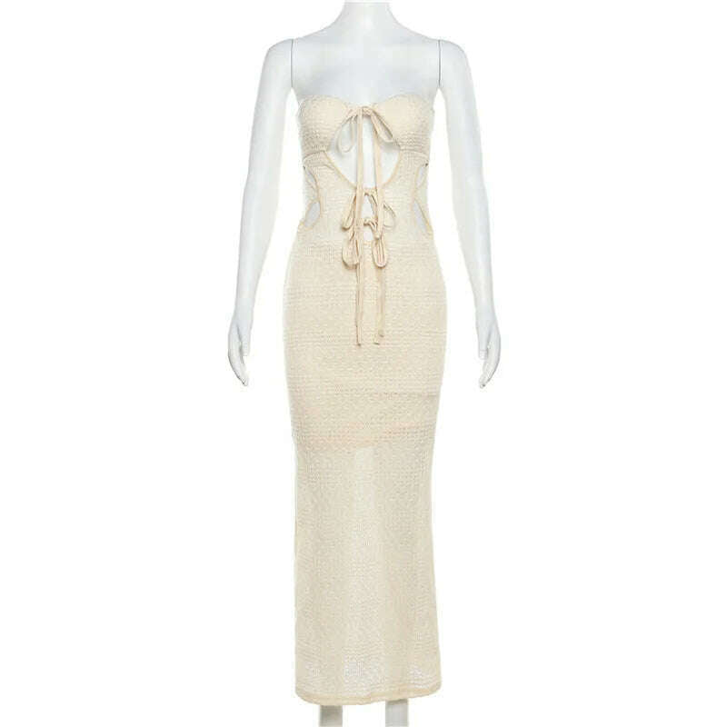 KIMLUD, BKLD 2024 Summer Clothes For Women New Sexy Lace-Up Hollow Out Knitted Dress Off The Shoulder Strapless Tube Dress Solid Color, KIMLUD Womens Clothes