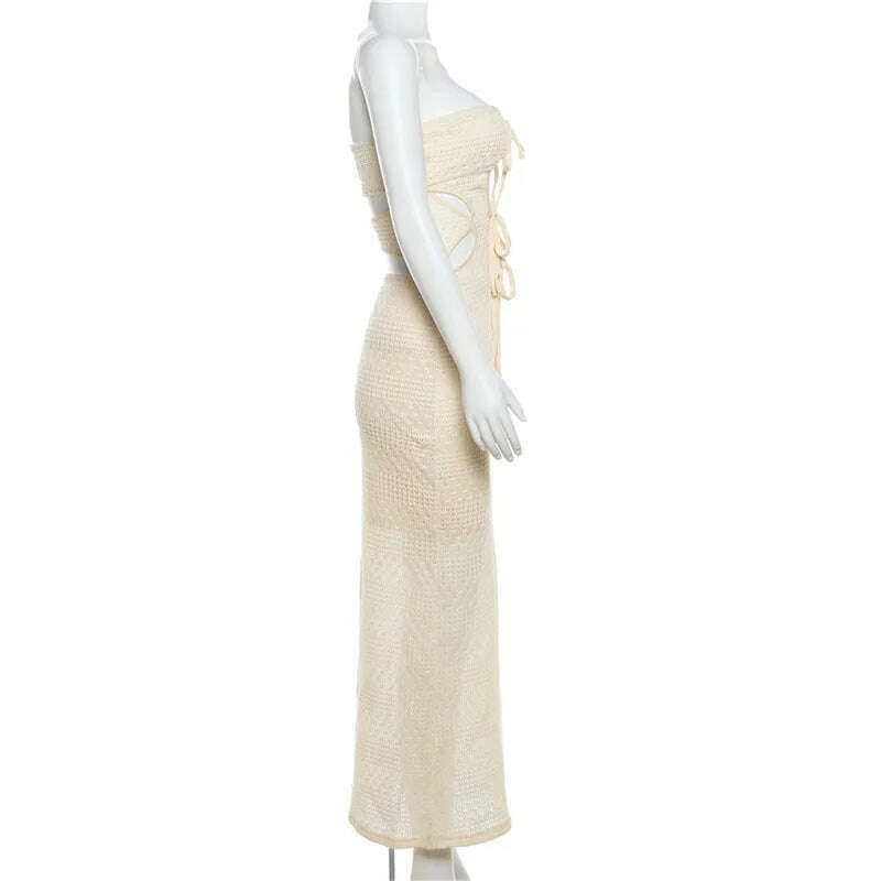 KIMLUD, BKLD 2024 Summer Clothes For Women New Sexy Lace-Up Hollow Out Knitted Dress Off The Shoulder Strapless Tube Dress Solid Color, KIMLUD Womens Clothes