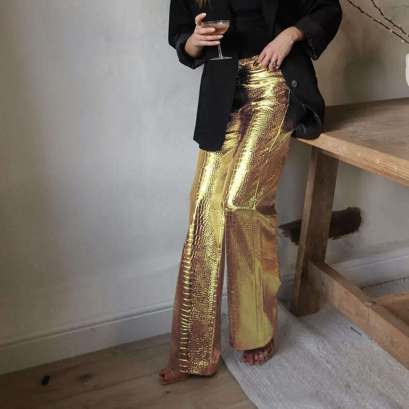 KIMLUD, BKQU Gold Sliver Leather Straight Wide Leg Pants for Women 2024 Fashion Streetwear High Waist Scale Leather Party Club Trousers, KIMLUD Women's Clothes