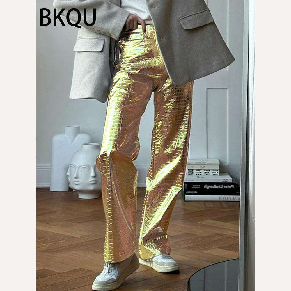 KIMLUD, BKQU Gold Sliver Leather Straight Wide Leg Pants for Women 2024 Fashion Streetwear High Waist Scale Leather Party Club Trousers, KIMLUD Womens Clothes