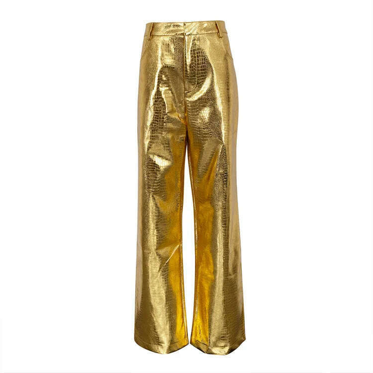 KIMLUD, BKQU Gold Sliver Leather Straight Wide Leg Pants for Women 2024 Fashion Streetwear High Waist Scale Leather Party Club Trousers, KIMLUD Womens Clothes