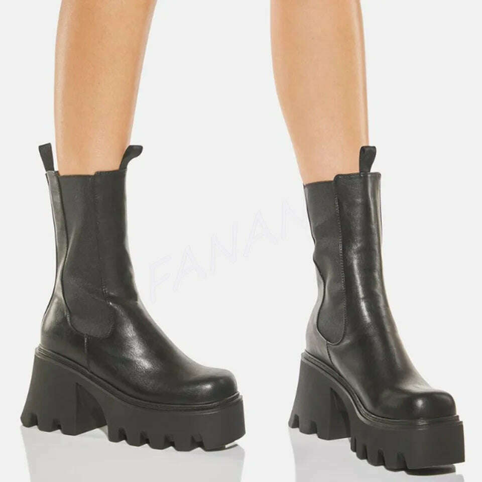 KIMLUD, Blacak Slip on Punk Boots Short Platform Chunky High Heel Shoes for Women High heel High Heels 2023 New Zapatos Para Mujere, KIMLUD Womens Clothes