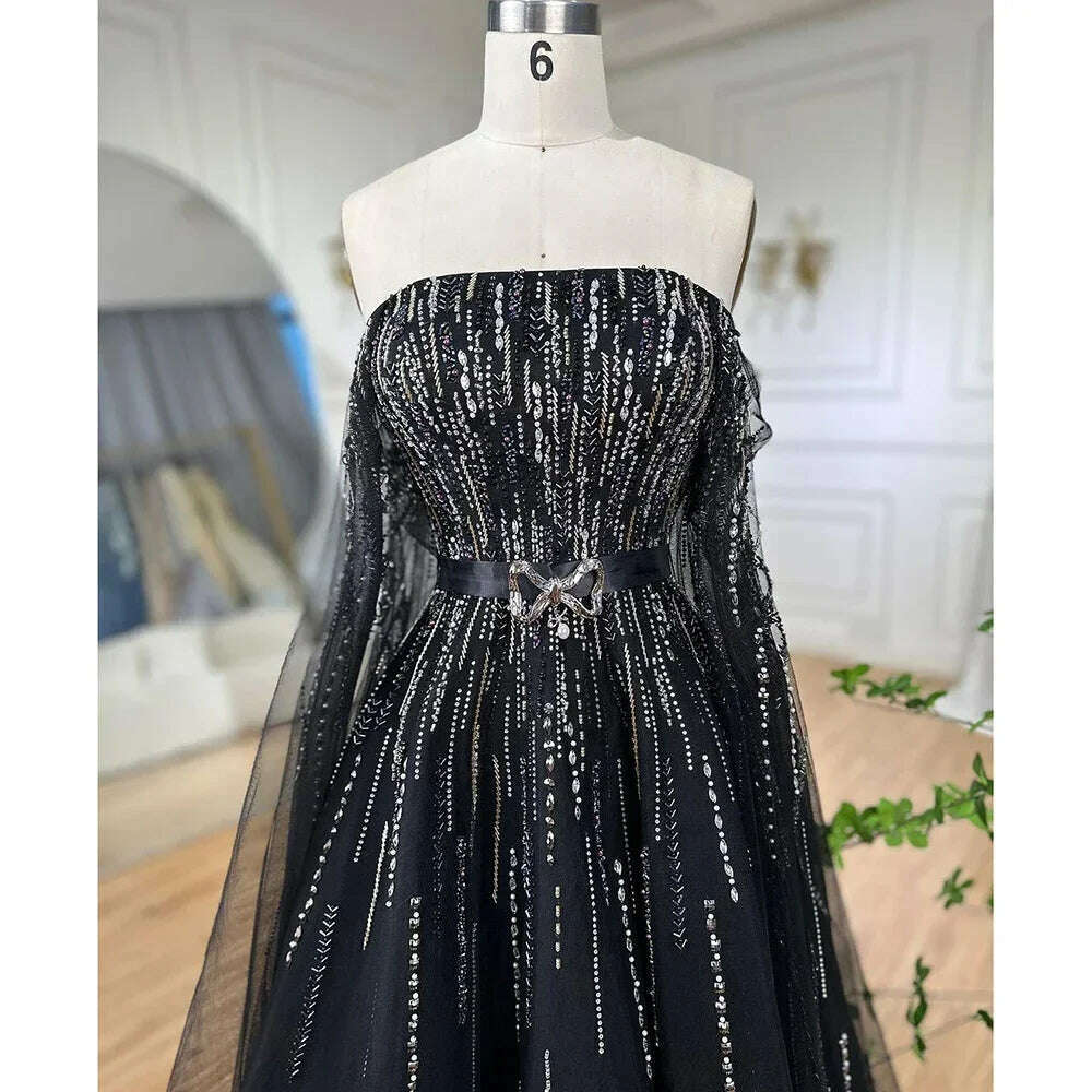 KIMLUD, Black A Line Sexy Strapless Cape Sleeves Luxury Crystal Beaded Evening Dresses Gowns For Women Party 2023 BLA71824 Serene Hill, KIMLUD Women's Clothes