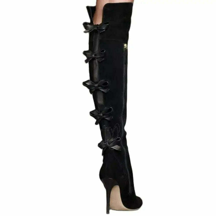 KIMLUD, Black Back Bow Knee Boots Solid Side Zipper Over The Knee Women Stilettos High Heel Boots Boots Super High Club Wearing Boots, KIMLUD Womens Clothes