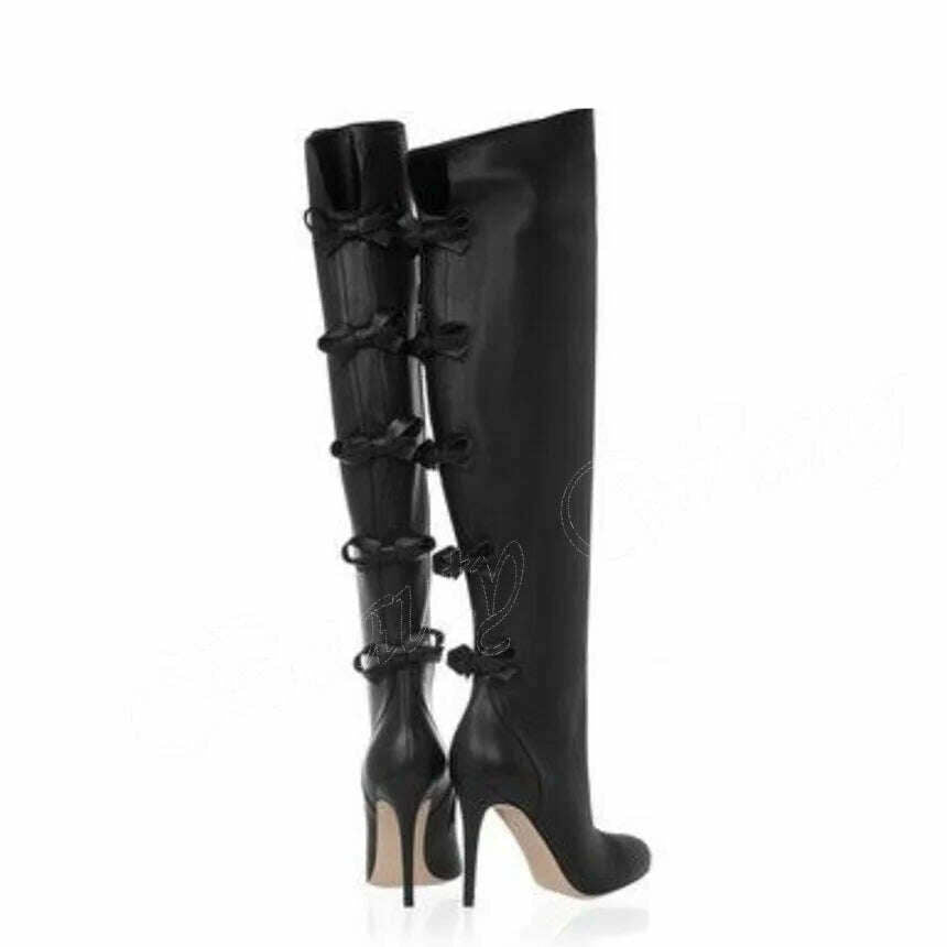 KIMLUD, Black Back Bow Knee Boots Solid Side Zipper Over The Knee Women Stilettos High Heel Boots Boots Super High Club Wearing Boots, KIMLUD Womens Clothes