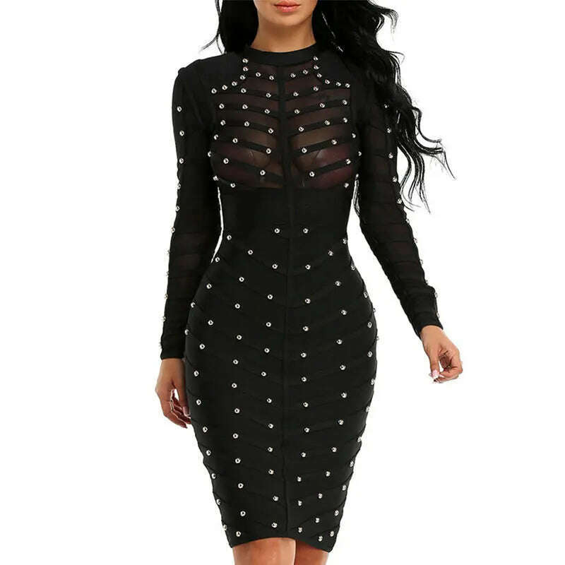 KIMLUD, Black Beade Bodycon Bandage Dress Women Vestidos 2019 Summer Sexy Elegant Black Long Sleeves Midi Celebrity Runway Party Dresses, KIMLUD Womens Clothes
