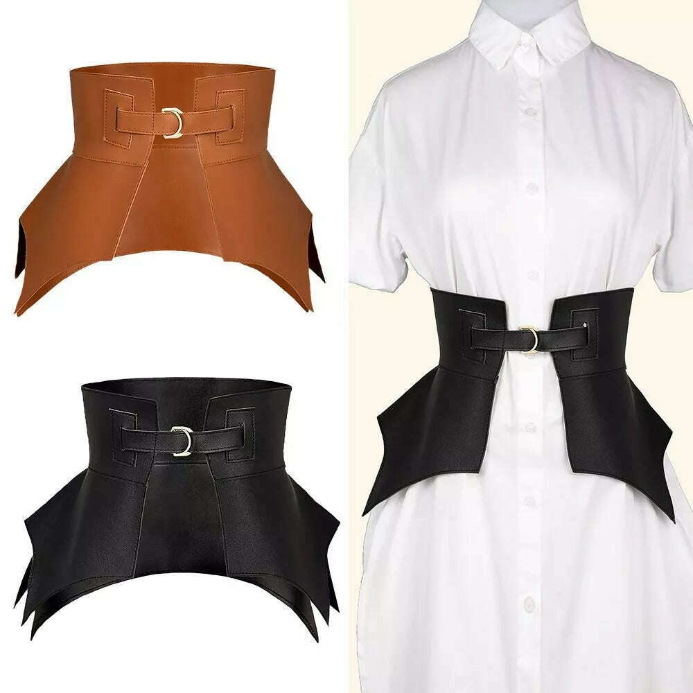 KIMLUD, Black Brown Irregular Pu Leather Long Wide Belt Punk Style Women Fashion Autumn Winter Skirt Dress Coat Waistband Corset Belt, KIMLUD Women's Clothes