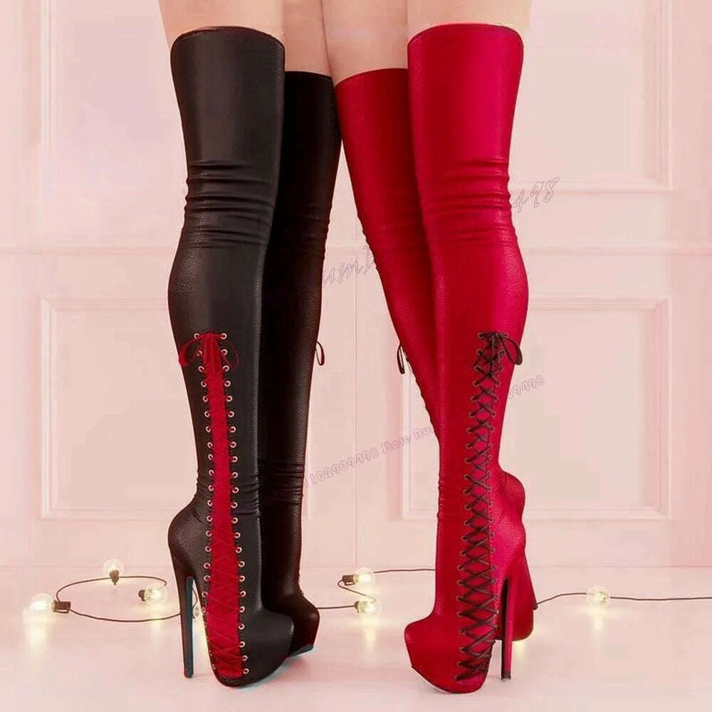 Black Cross Tied Platform Boots Over The Knee Pointed Toe Shoes for Women Thin High Heels Sexy Shoes 2023 Zapatos Para Mujere - KIMLUD