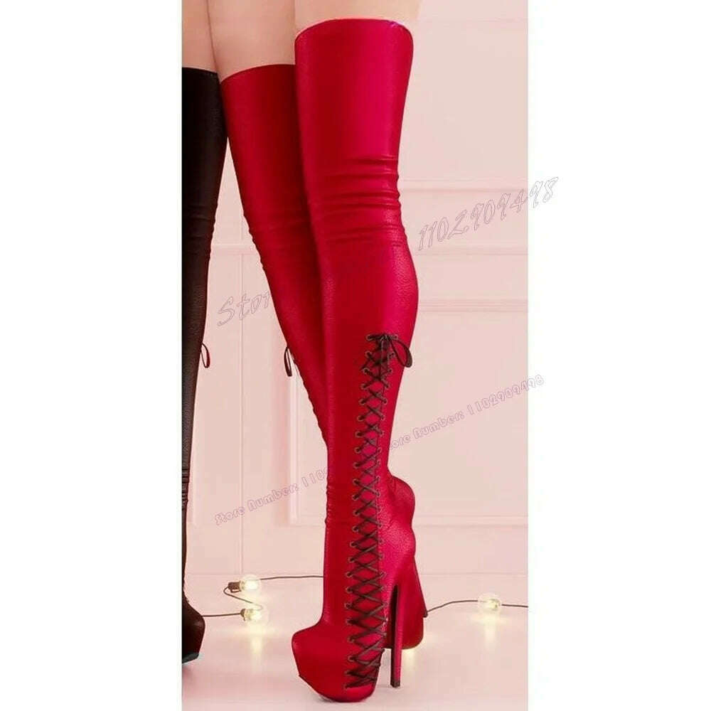 Black Cross Tied Platform Boots Over The Knee Pointed Toe Shoes for Women Thin High Heels Sexy Shoes 2023 Zapatos Para Mujere - KIMLUD