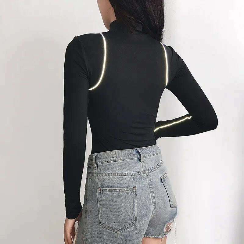 KIMLUD, Black High-neck reflective zipper one-piece tops women's tight bottoming sexy body T-shirt Long sleeve bodysuit Women, KIMLUD Womens Clothes