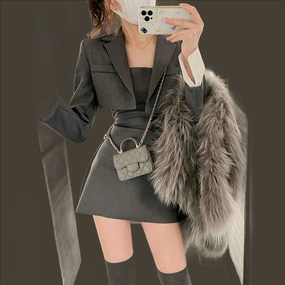 KIMLUD, Black Korean Two Piece Dress Set Women Casual Blazer Coat + Strap Dress Set Female Grey Slim Vintage Elegant Dress Suit 2023 New, KIMLUD Womens Clothes