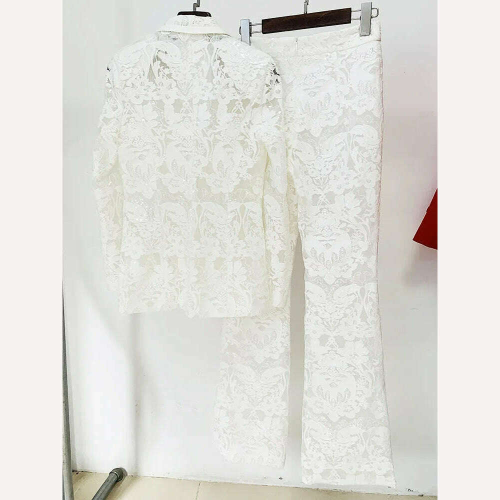 KIMLUD, Black Lace Mesh Embroidered Sequin Pant Sets White New Designer Sequins Blazer Pants Set 2Pieces Suits Pants Punk Suit Outfis, KIMLUD Womens Clothes