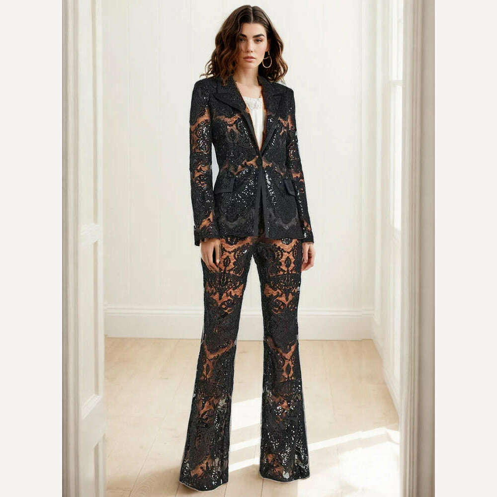Black Lace Mesh Embroidered Sequin Pant Sets White New Designer Sequins Blazer Pants Set 2Pieces Suits Pants Punk Suit Outfis - KIMLUD
