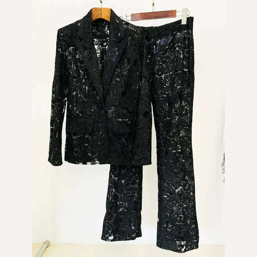 Black Lace Mesh Embroidered Sequin Pant Sets White New Designer Sequins Blazer Pants Set 2Pieces Suits Pants Punk Suit Outfis - KIMLUD