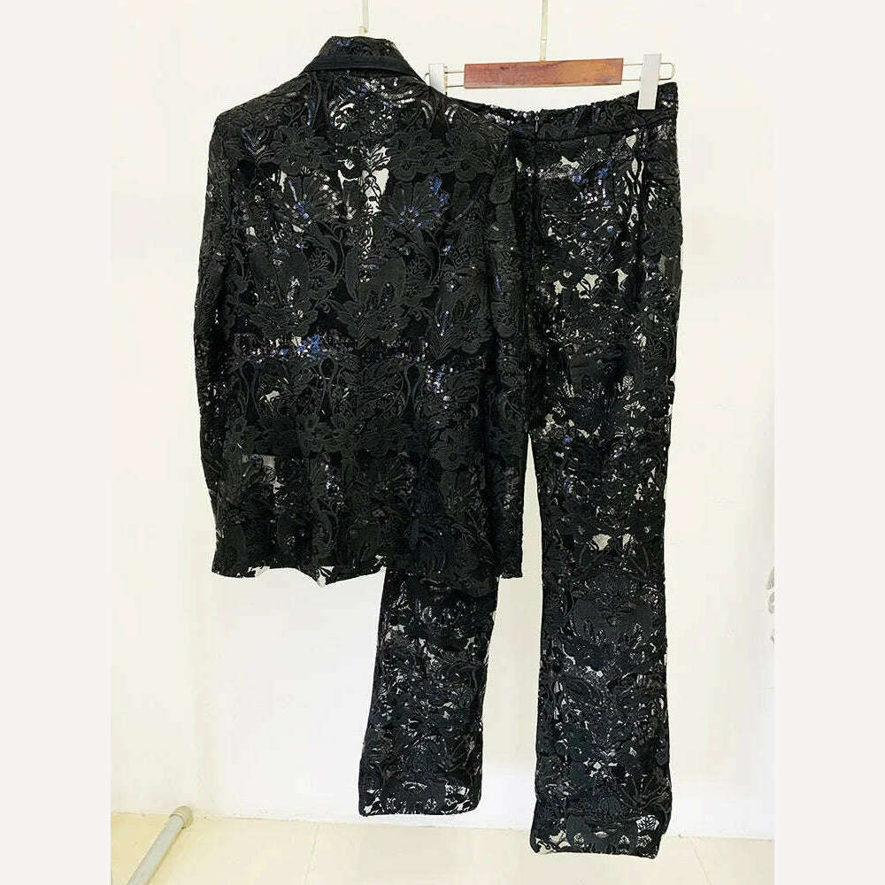 Black Lace Mesh Embroidered Sequin Pant Sets White New Designer Sequins Blazer Pants Set 2Pieces Suits Pants Punk Suit Outfis - KIMLUD