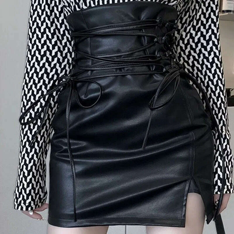 KIMLUD, Black Leather Mini Skirts Women Gothic High Waist Slim Fit Lace-Up Pencil Skirt Female Sexy Club Back Zipper Split Bag Hip Skirt, Black / XL / China, KIMLUD Womens Clothes