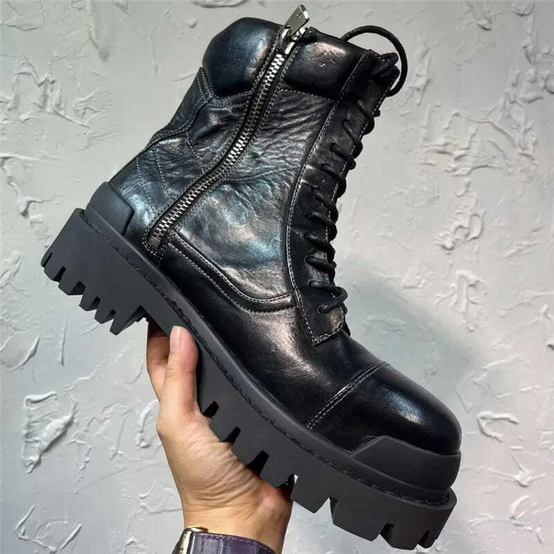 KIMLUD, Black Man Ankle Boot Lace Up High Tube Men Brand Motorcycle Boots, KIMLUD Womens Clothes