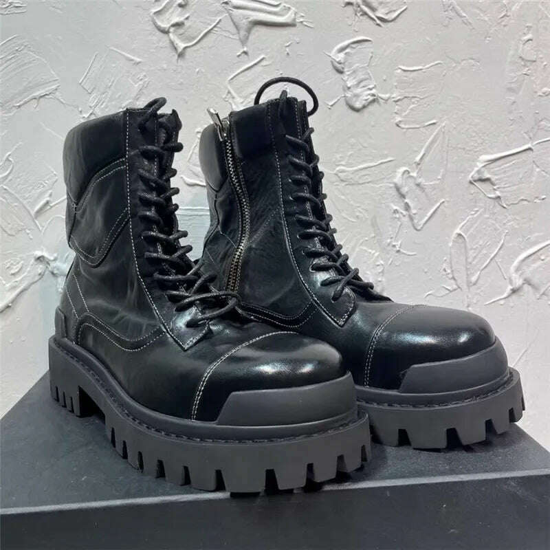 KIMLUD, Black Man Ankle Boot Lace Up High Tube Men Brand Motorcycle Boots, KIMLUD Womens Clothes