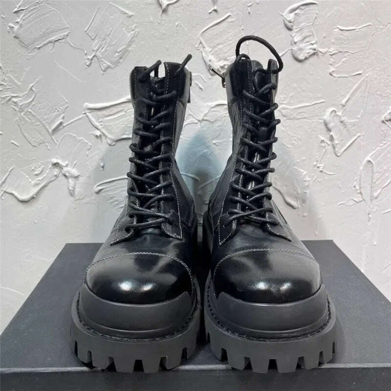 KIMLUD, Black Man Ankle Boot Lace Up High Tube Men Brand Motorcycle Boots, KIMLUD Womens Clothes