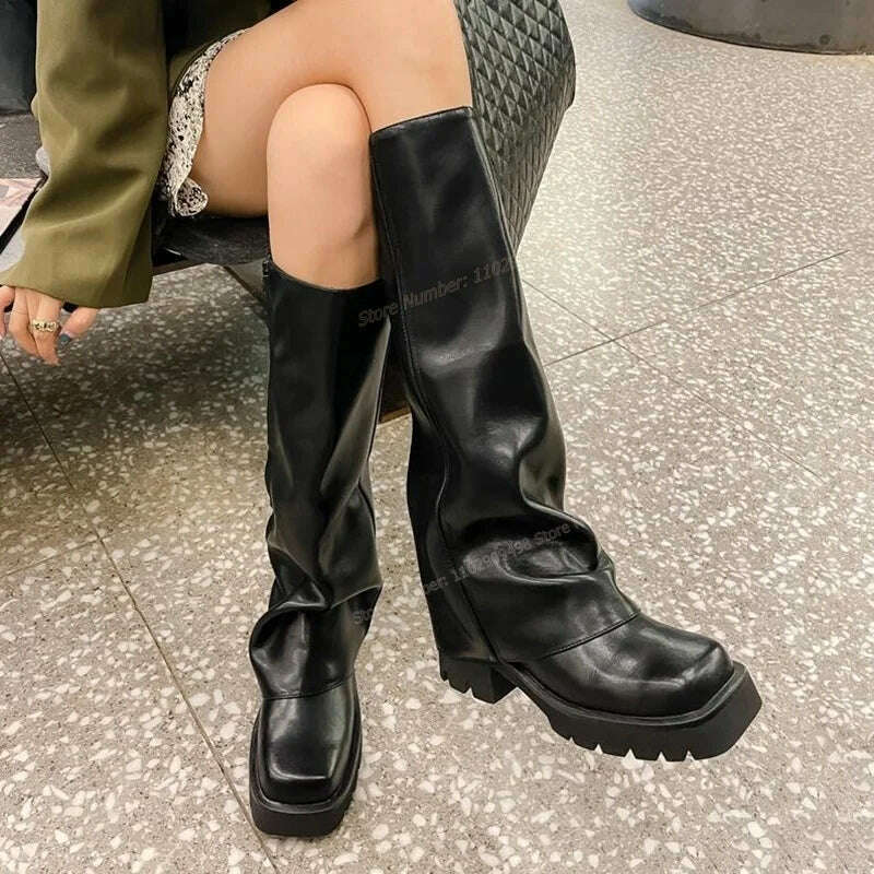 KIMLUD, Black Matte Leather Knee High Boots Platform Solid Color Round Toe Shoes for Women Chunky Heels Shoes 2023 Zapatos Para Mujere, KIMLUD Women's Clothes