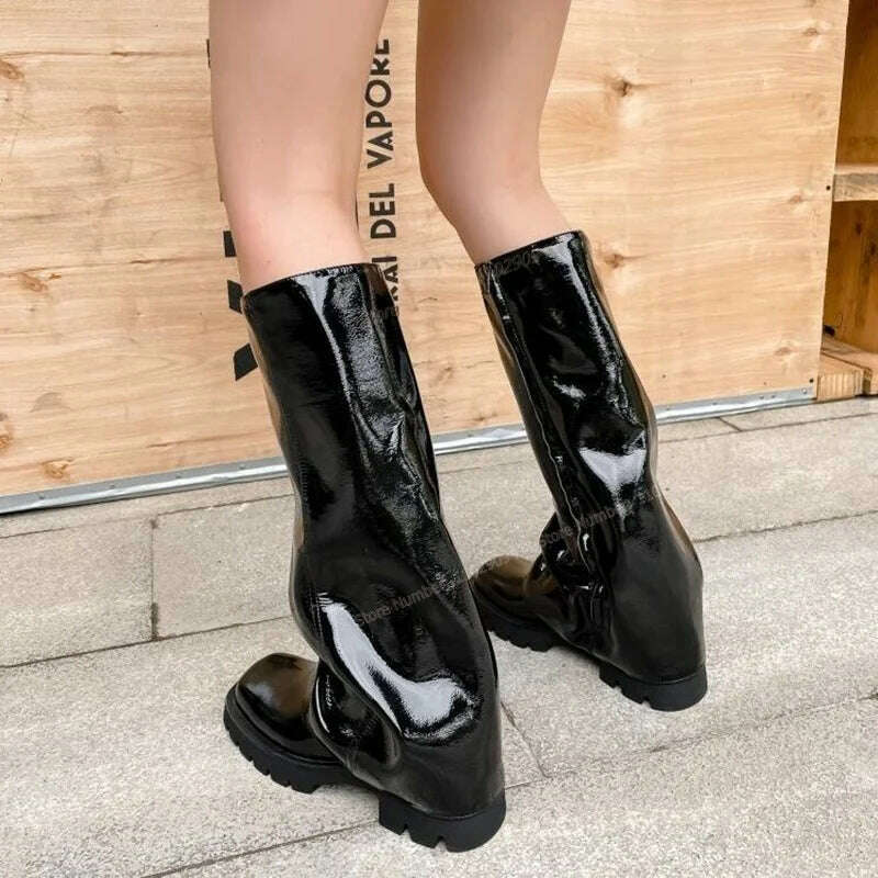 KIMLUD, Black Matte Leather Knee High Boots Platform Solid Color Round Toe Shoes for Women Chunky Heels Shoes 2023 Zapatos Para Mujere, KIMLUD Womens Clothes