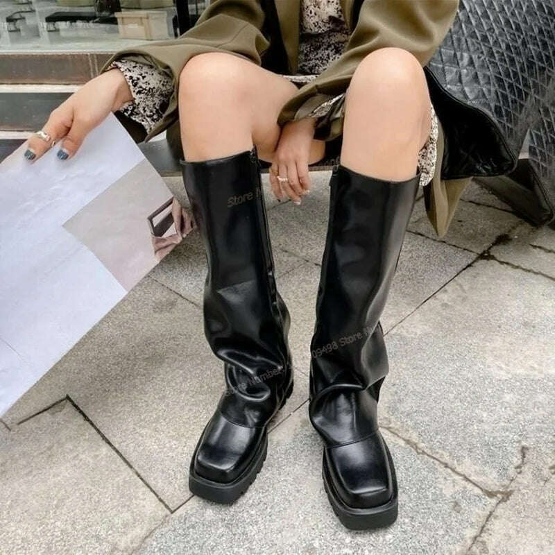 KIMLUD, Black Matte Leather Knee High Boots Platform Solid Color Round Toe Shoes for Women Chunky Heels Shoes 2023 Zapatos Para Mujere, KIMLUD Womens Clothes