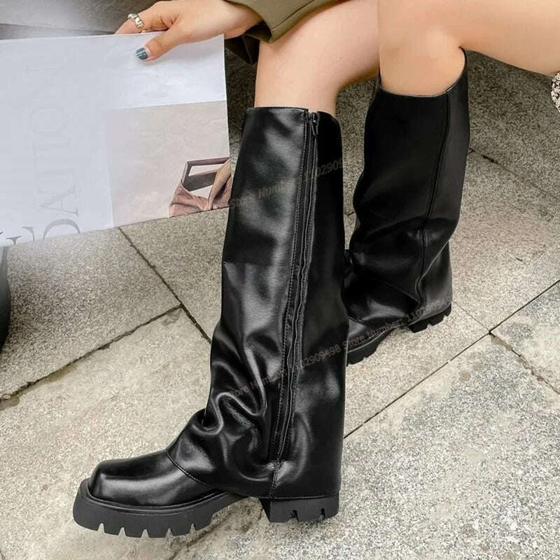 KIMLUD, Black Matte Leather Knee High Boots Platform Solid Color Round Toe Shoes for Women Chunky Heels Shoes 2023 Zapatos Para Mujere, KIMLUD Womens Clothes