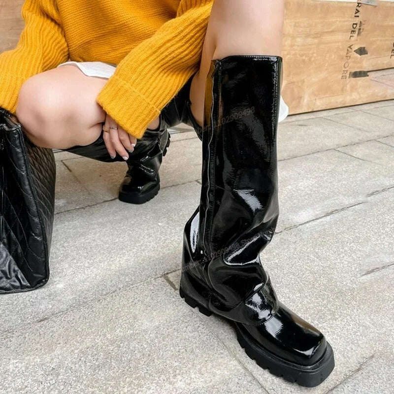 KIMLUD, Black Matte Leather Knee High Boots Platform Solid Color Round Toe Shoes for Women Chunky Heels Shoes 2023 Zapatos Para Mujere, KIMLUD Women's Clothes
