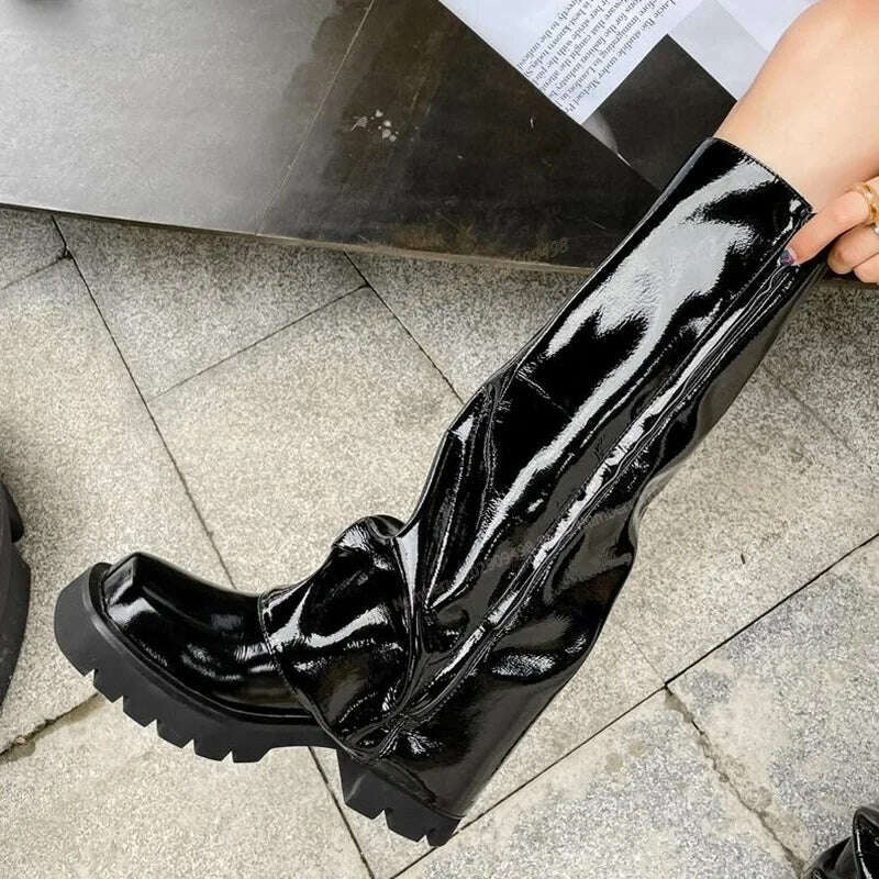 KIMLUD, Black Matte Leather Knee High Boots Platform Solid Color Round Toe Shoes for Women Chunky Heels Shoes 2023 Zapatos Para Mujere, KIMLUD Womens Clothes