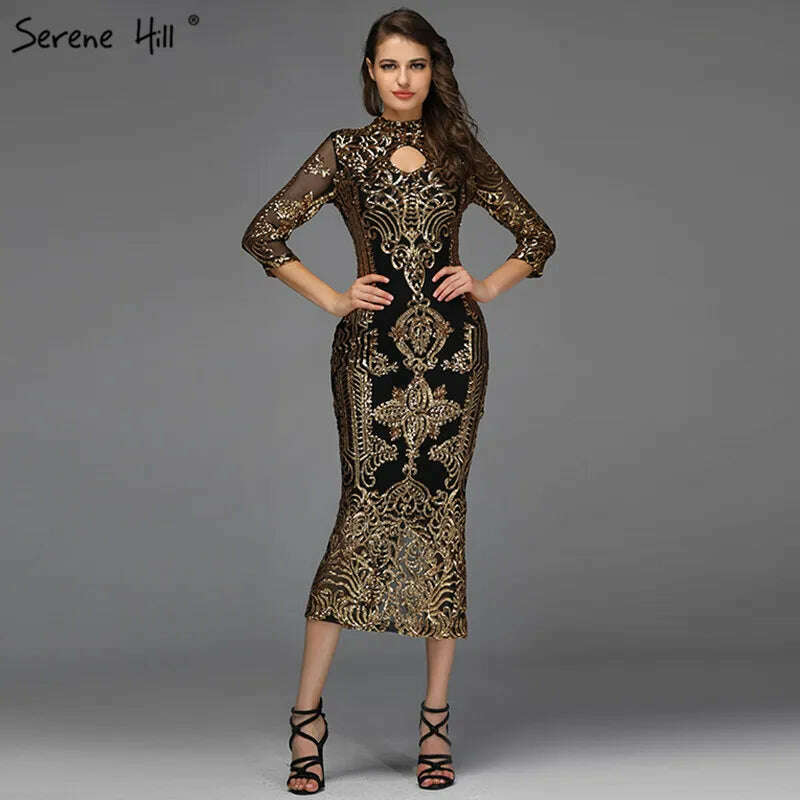 KIMLUD, Black Mermaid Sparkle Tea-Length Cocktail Dresses Design 2023 High Collar Sequined Gown Serene Hill BQA8043, KIMLUD Women's Clothes