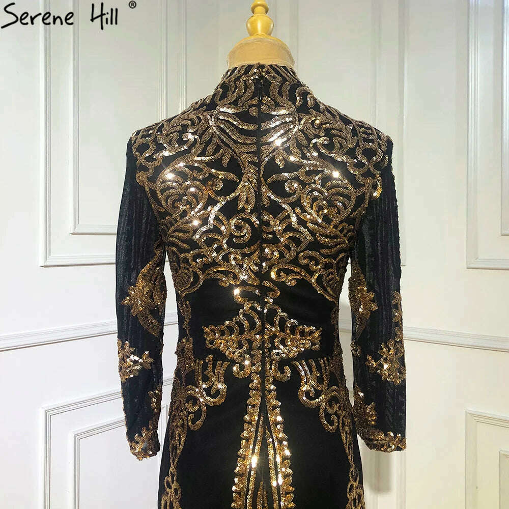 KIMLUD, Black Mermaid Sparkle Tea-Length Cocktail Dresses Design 2023 High Collar Sequined Gown Serene Hill BQA8043, KIMLUD Womens Clothes