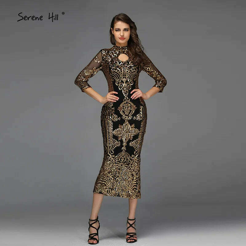 KIMLUD, Black Mermaid Sparkle Tea-Length Cocktail Dresses Design 2023 High Collar Sequined Gown Serene Hill BQA8043, black / 14, KIMLUD Womens Clothes