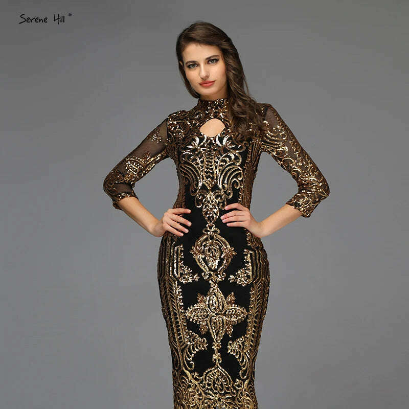 KIMLUD, Black Mermaid Sparkle Tea-Length Cocktail Dresses Design 2023 High Collar Sequined Gown Serene Hill BQA8043, KIMLUD Womens Clothes