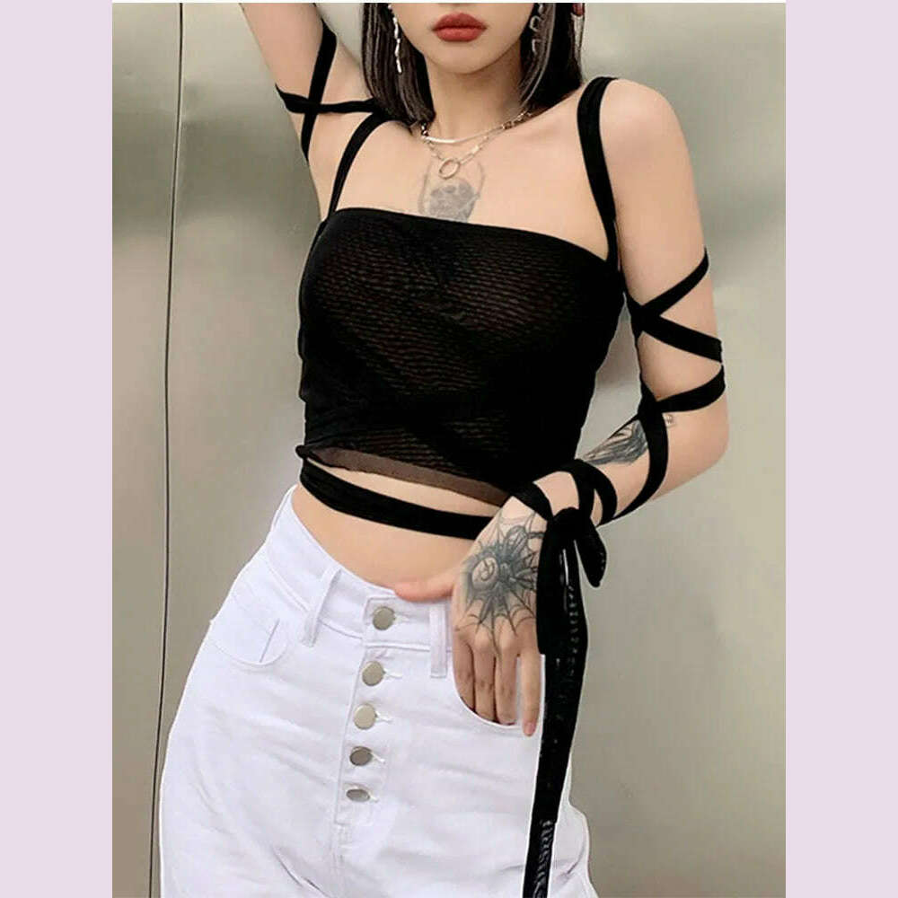KIMLUD, Black Mesh Lace Up Bandage Crop Top Fairy Grunge Aesthetic Clothes Cyber Y2k Mall Goth Tanks Sexy Clothing, KIMLUD Womens Clothes