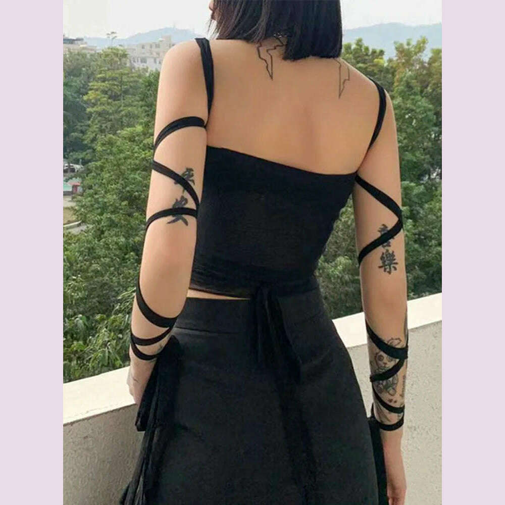 KIMLUD, Black Mesh Lace Up Bandage Crop Top Fairy Grunge Aesthetic Clothes Cyber Y2k Mall Goth Tanks Sexy Clothing, KIMLUD Womens Clothes