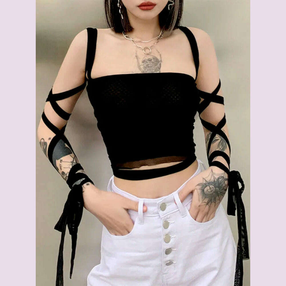 KIMLUD, Black Mesh Lace Up Bandage Crop Top Fairy Grunge Aesthetic Clothes Cyber Y2k Mall Goth Tanks Sexy Clothing, black / S, KIMLUD APPAREL - Womens Clothes