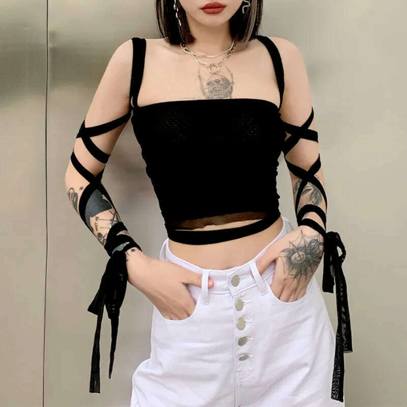 KIMLUD, Black Mesh Lace Up Bandage Crop Top Fairy Grunge Aesthetic Clothes Cyber Y2k Mall Goth Tanks Sexy Clothing, KIMLUD Womens Clothes