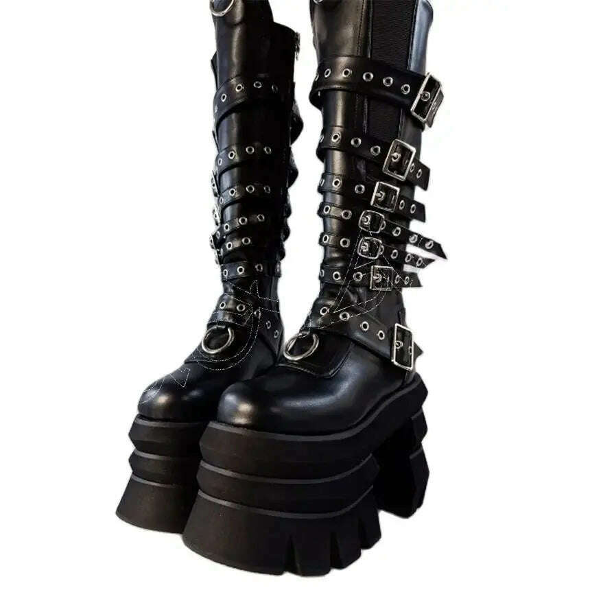 KIMLUD, Black Multi Buckle Punk Boots Platform Side Zipper High Heel Shoes for Women High heel High Heels 2023 New Zapatos Para Mujere, black 11 / 35, KIMLUD Womens Clothes