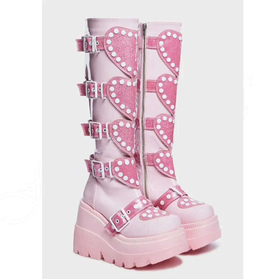 KIMLUD, Black Multi Buckle Punk Boots Platform Side Zipper High Heel Shoes for Women High heel High Heels 2023 New Zapatos Para Mujere, pink / 35, KIMLUD Womens Clothes
