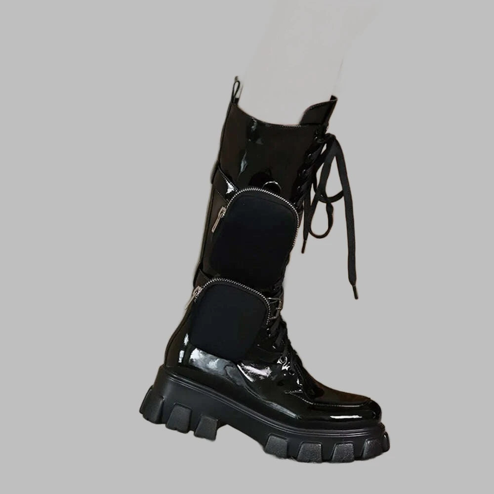 Black Package Design Thick Sole Boots For Female Women Luxury Round Toe Lace-up Mid-calf Handmade Fashion Solid All-match Shoes - KIMLUD