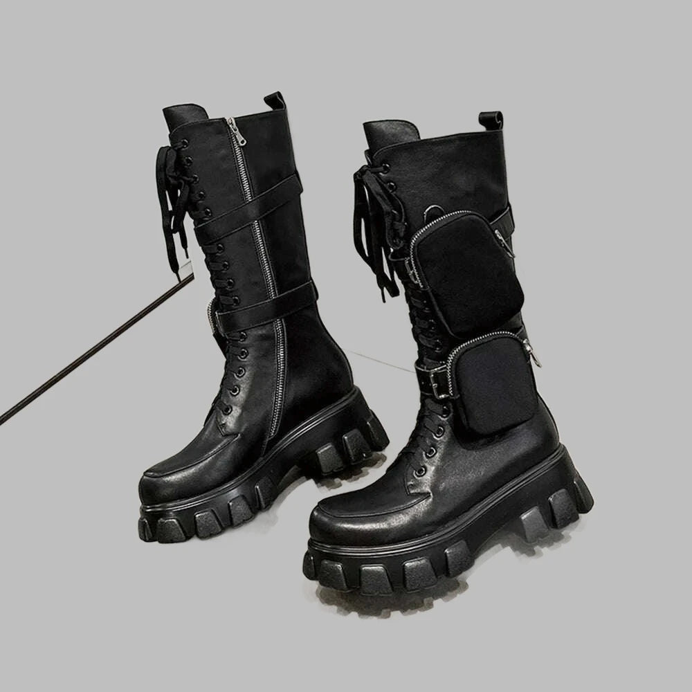 Black Package Design Thick Sole Boots For Female Women Luxury Round Toe Lace-up Mid-calf Handmade Fashion Solid All-match Shoes - KIMLUD